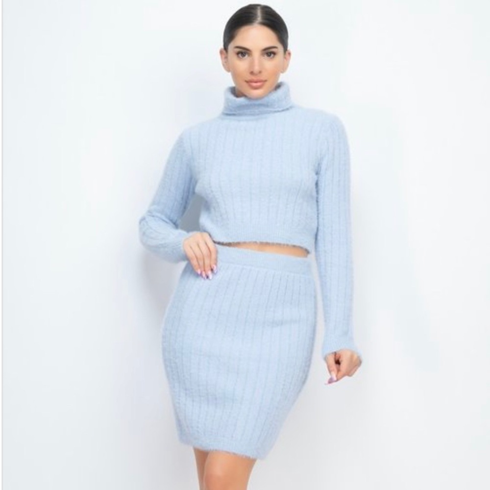 NEW DUSTY BLUE RIBBED FLUFFY SWEATER TWO PIECE LONG SLEEVE CROP TOP MIDI SKIRT